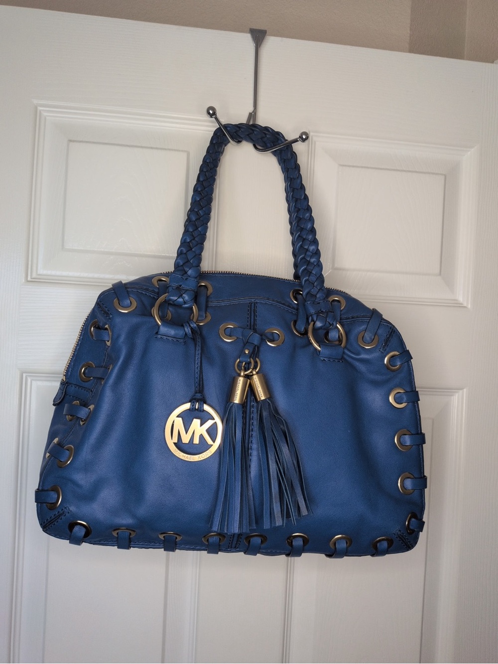 Michael Kors Navy Braided-Handle Tassel Shoulder Bag